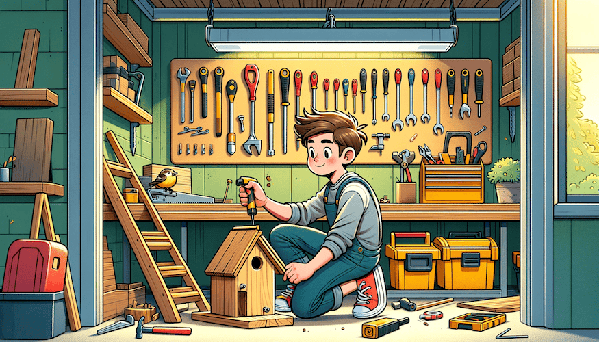Chłopiec w garażu buduje karmnik dla ptaków